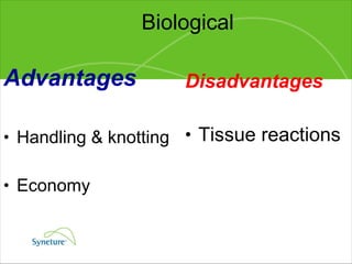 Biological Advantages Handling & knotting Economy Disadvantages Tissue reactions 