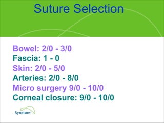Suture Selection Bowel: 2/0 - 3/0 Fascia: 1 - 0 Skin: 2/0 - 5/0 Arteries: 2/0 - 8/0 Micro surgery 9/0 - 10/0 Corneal closure: 9/0 - 10/0 