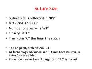 Suture Size
• Suture size is reflected in “0’s”
• 4.0 vicryl is “0000”
• Number one vicryl is “#1”
• O vicryl is “0”
• The more “0” the finer the stitch
• Size originally scaled from 0-3
• As technology advanced and sutures became smaller,
extra 0s were added
• Scale now ranges from 3 (largest) to 12/0 (smallest)
 