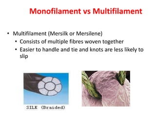 Monofilament vs Multifilament
• Multifilament (Mersilk or Mersilene)
• Consists of multiple fibres woven together
• Easier to handle and tie and knots are less likely to
slip
 