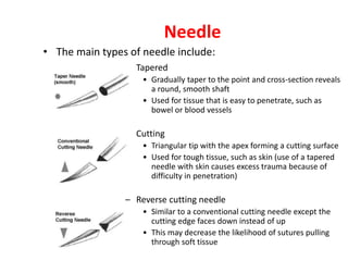 Needle
• The main types of needle include:
– Tapered
• Gradually taper to the point and cross-section reveals
a round, smooth shaft
• Used for tissue that is easy to penetrate, such as
bowel or blood vessels
– Cutting
• Triangular tip with the apex forming a cutting surface
• Used for tough tissue, such as skin (use of a tapered
needle with skin causes excess trauma because of
difficulty in penetration)
– Reverse cutting needle
• Similar to a conventional cutting needle except the
cutting edge faces down instead of up
• This may decrease the likelihood of sutures pulling
through soft tissue
 