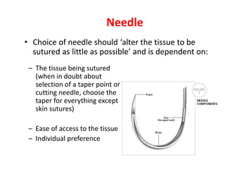 Needle
• Choice of needle should ‘alter the tissue to be
sutured as little as possible’ and is dependent on:
– The tissue being sutured
(when in doubt about
selection of a taper point or
cutting needle, choose the
taper for everything except
skin sutures)
– Ease of access to the tissue
– Individual preference
 