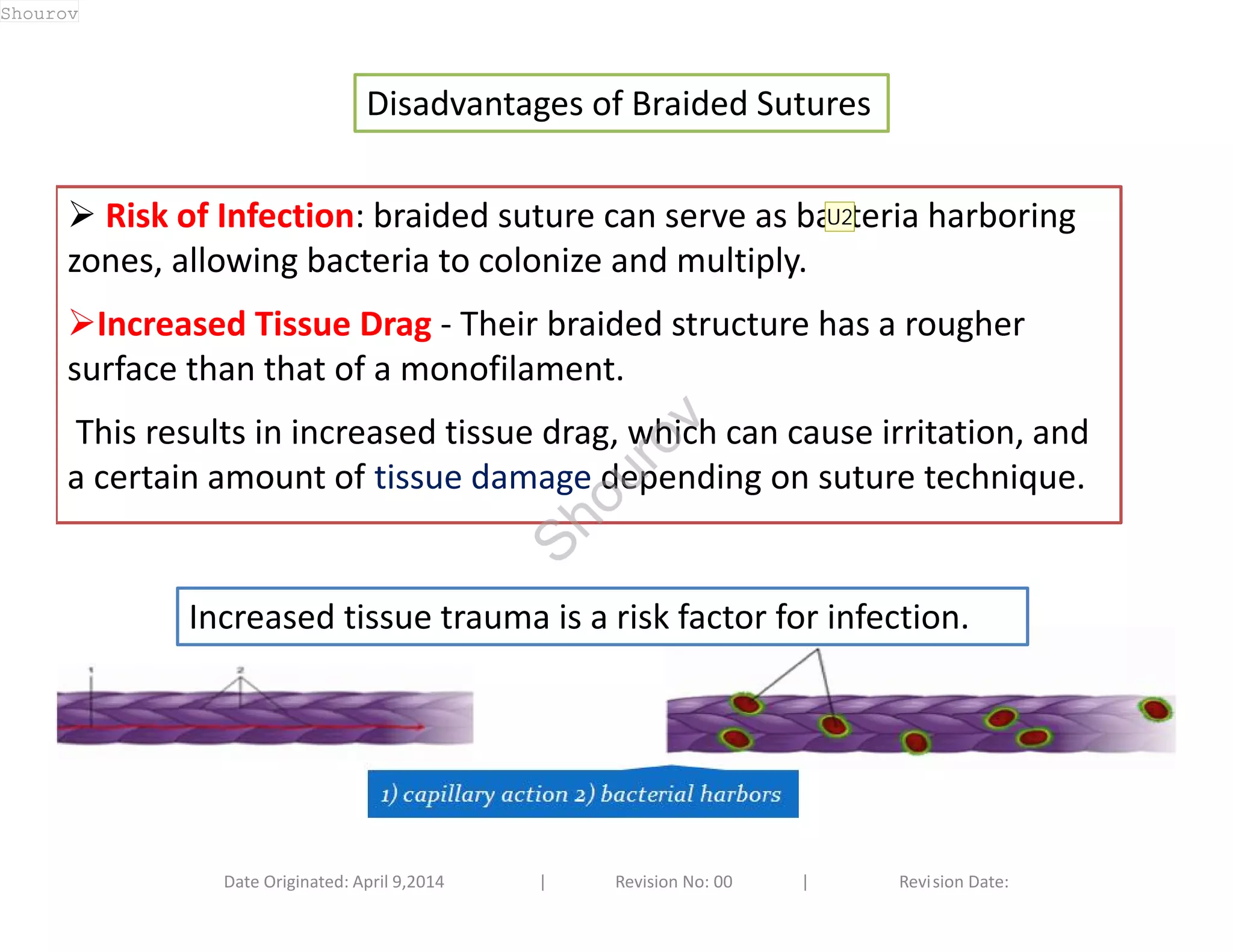 Disadvantages of Braided Sutures 
 Risk of Infection: braided suture can serve as bacteria U2 
harboring 
zones, allowing bacteria to colonize and multiply. 
Increased Tissue Drag - Their braided structure has a rougher 
surface than that of a monofilament. 
This results in increased tissue drag, which can cause irritation, and 
a certain amount of tissue damage depending on suture technique. 
Increased tissue trauma is a risk factor for infection. 
Date Originated: April 9,2014 | Revision No: 00 | Revision Date: 
Shourov 
Shourov 
 
