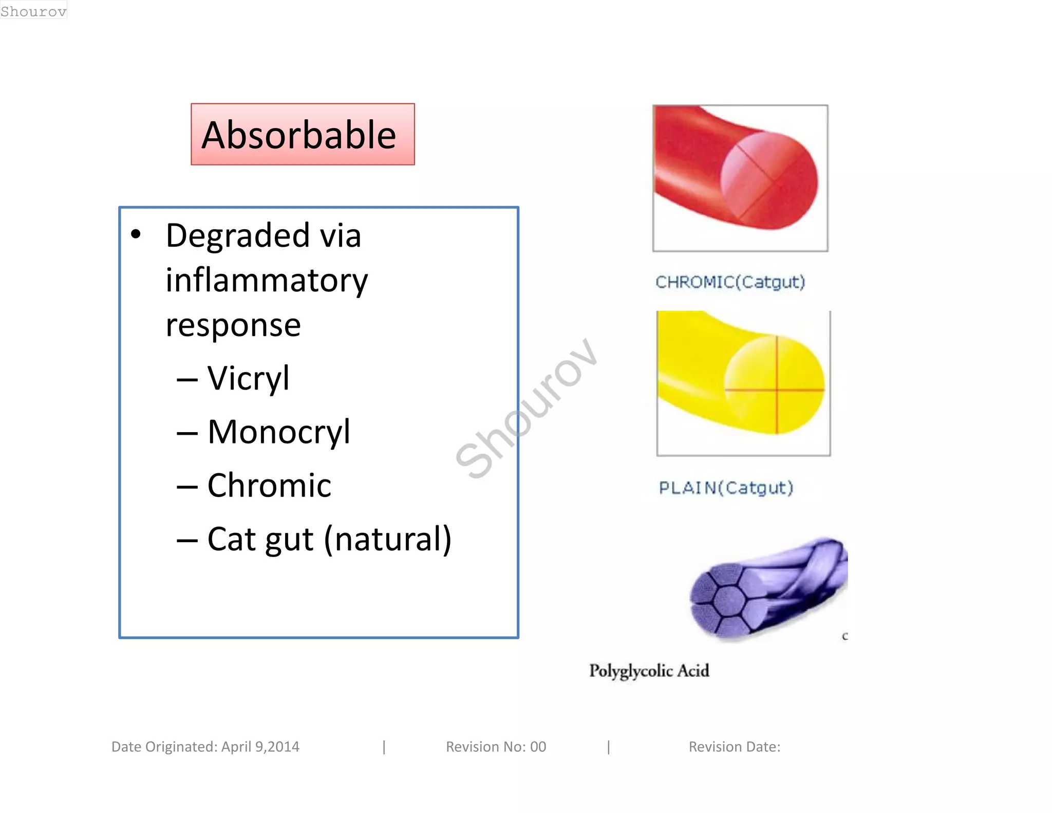 AAbbssoorrbbaabbllee 
• Degraded via 
inflammatory 
response 
– Vicryl 
– Monocryl 
– Chromic 
– Cat gut (natural) 
Date Originated: April 9,2014 | Revision No: 00 | Revision Date: 
Shourov 
Shourov 
 