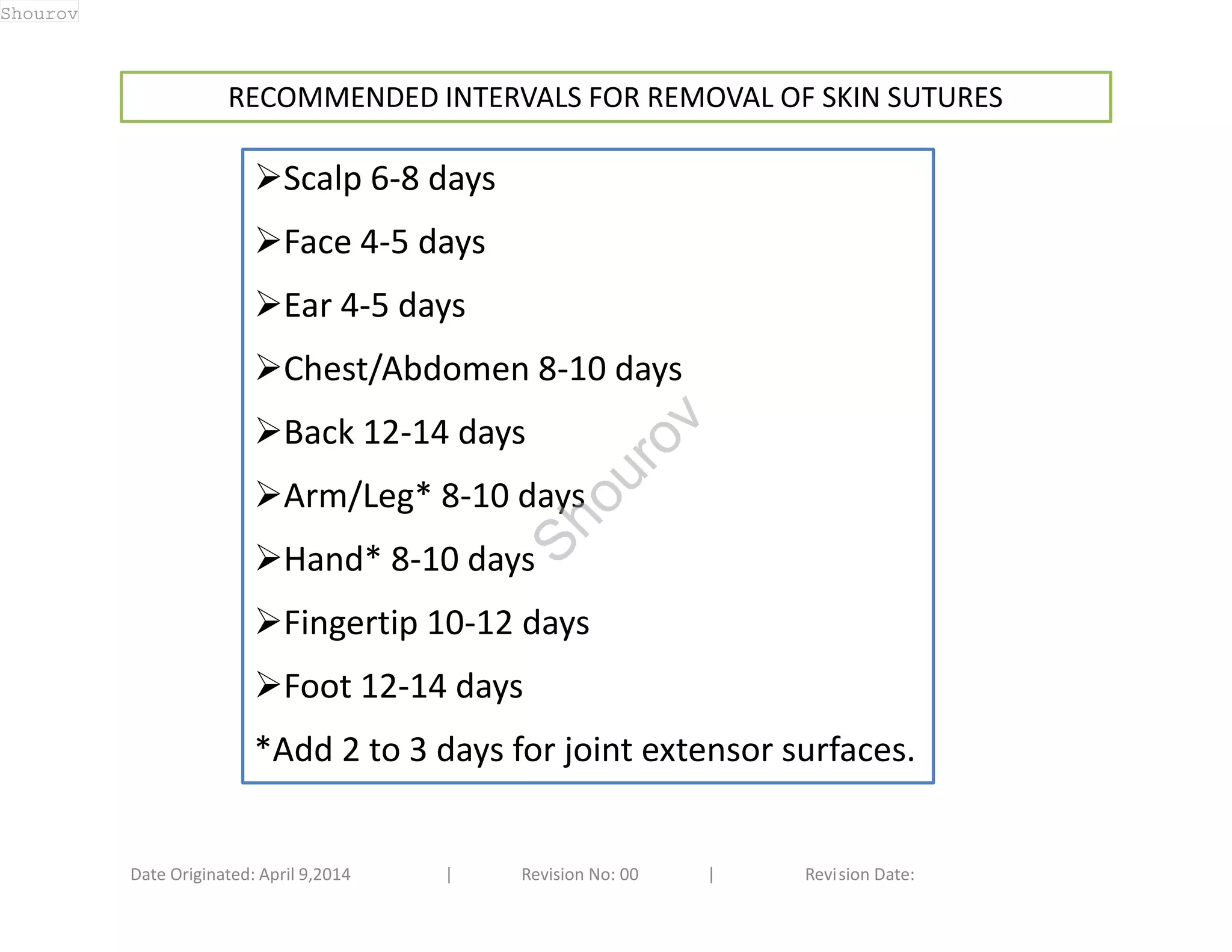 RECOMMENDED INTERVALS FOR REMOVAL OF SKIN SUTURES 
Scalp 6-8 days 
Face 4-5 days 
Ear 4-5 days 
Chest/Abdomen 8-10 days 
Back 12-14 days 
Arm/Leg* 8-10 days 
Hand* 8-10 days 
Fingertip 10-12 days 
Foot 12-14 days 
*Add 2 to 3 days for joint extensor surfaces. 
Date Originated: April 9,2014 | Revision No: 00 | Revision Date: 
Shourov 
Shourov 
 