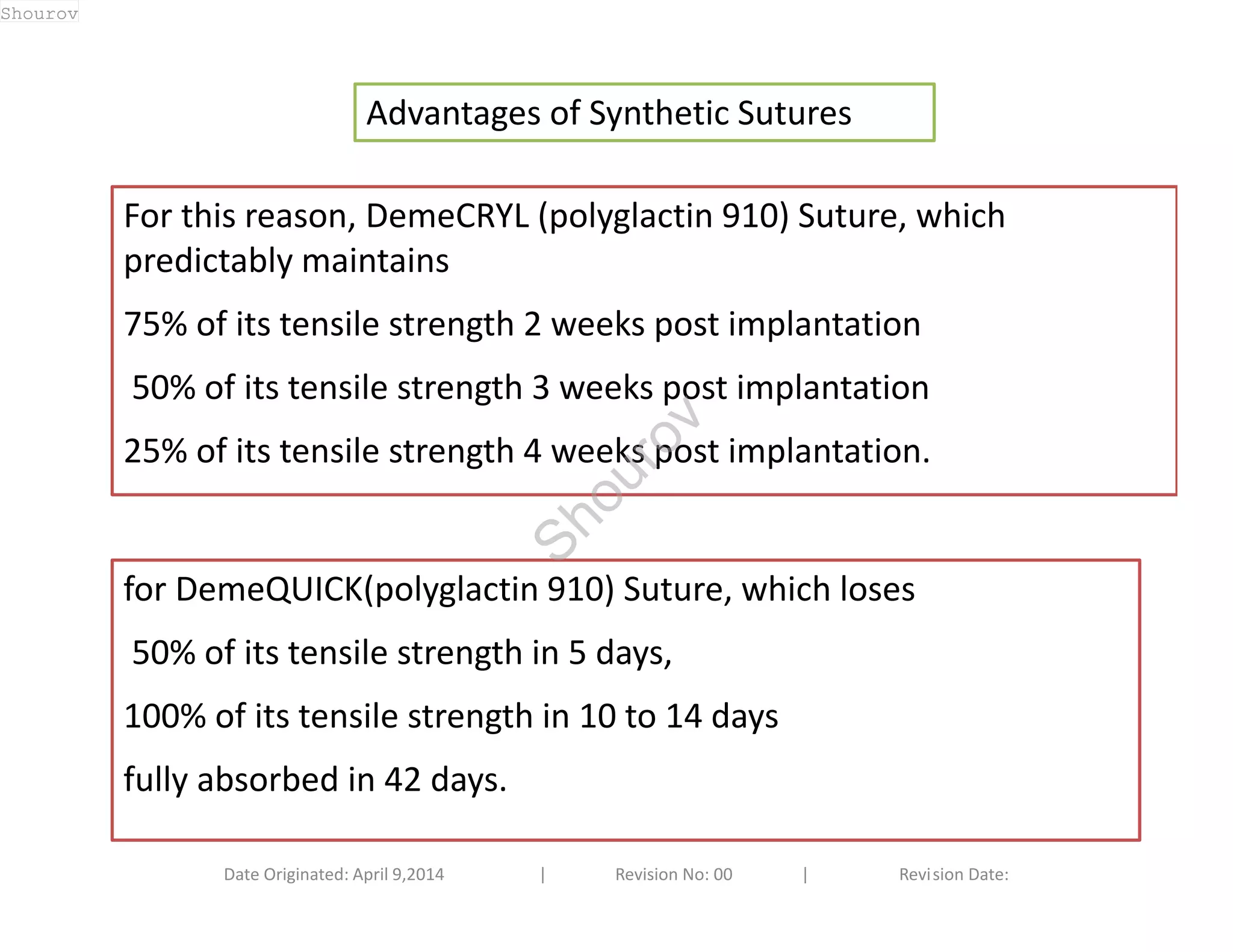 Advantages of Synthetic Sutures 
For this reason, DemeCRYL (polyglactin 910) Suture, which 
predictably maintains 
75% of its tensile strength 2 weeks post implantation 
50% of its tensile strength 3 weeks post implantation 
25% of its tensile strength 4 weeks post implantation. 
for DemeQUICK(polyglactin 910) Suture, which loses 
50% of its tensile strength in 5 days, 
100% of its tensile strength in 10 to 14 days 
fully absorbed in 42 days. 
Date Originated: April 9,2014 | Revision No: 00 | Revision Date: 
Shourov 
Shourov 
 