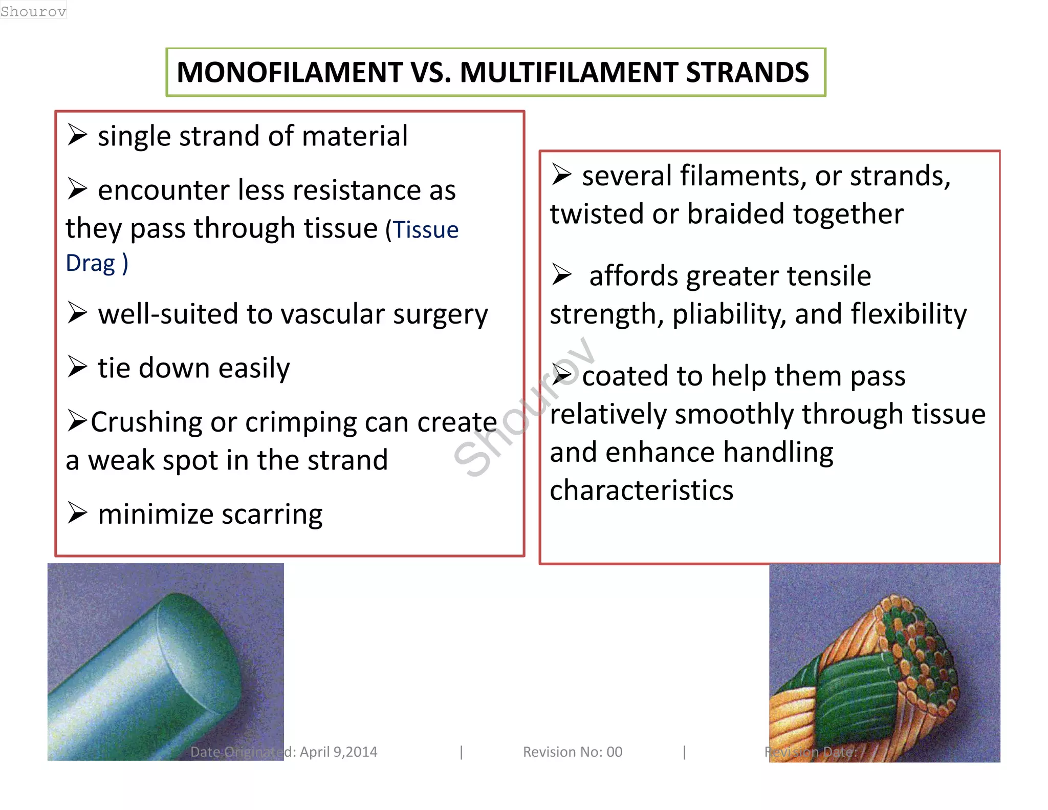 MONOFILAMENT VS. MULTIFILAMENT STRANDS 
 single strand of material 
 encounter less resistance as 
they pass through tissue (Tissue 
Drag ) 
 well-suited to vascular surgery 
 tie down easily 
Crushing or crimping can create 
a weak spot in the strand 
 minimize scarring 
 several filaments, or strands, 
twisted or braided together 
 affords greater tensile 
strength, pliability, and flexibility 
 coated to help them pass 
relatively smoothly through tissue 
and enhance handling 
characteristics 
Date Originated: April 9,2014 | Revision No: 00 | Revision Date: 
Shourov 
Shourov 
 