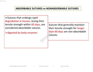ABSORBABLE SUTURES vs NONABSORBABLE SUTURES 
Sutures that undergo rapid 
degradation in tissues, losing their 
tensile strength within 60 days, are 
considered absorbable sutures. 
digested by body enzymes 
Sutures that generally maintain 
their tensile strength for longer 
than 60 days are non absorbable 
sutures. 
Date Originated: April 9,2014 | Revision No: 00 | Revision Date: 
Shourov 
Shourov 
 