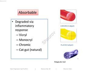 AAbbssoorrbbaabbllee 
• Degraded via 
inflammatory 
response 
– Vicryl 
– Monocryl 
– Chromic 
– Cat gut (natural) 
Date Originated: April 9,2014 | Revision No: 00 | Revision Date: 
Shourov 
Shourov 
 