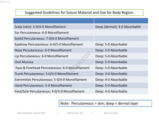 Suggested Guidelines for Suture Material and Size for Body Region: 
Scalp (skin): 5-0/4-0 Monofilament Deep (dermal): 4-0 Absorbable 
Ear Percutaneous: 6-0 Monofilament 
Eyelid Percutaneous: 7-0/6-0 Monofilament 
Eyebrow Percutaneous: 6-0/5-0 Monofilament Deep: 5-0 Absorbable 
Nose Percutaneous: 6-0 Monofilament Deep: 5-0 Absorbable 
Lip Percutaneous: 6-0 Monofilament Deep: 5-0 Absorbable 
Oral Mucosa Deep: 5-0 Absorbable 
Face & Forehead Percutaneous: 6-0 Monofilament Deep: 5-0 Absorbable 
Trunk Percutaneous: 5-0/4-0 Monofilament Deep: 3-0 Absorbable 
Extremities Percutaneous: 5-0/4-0 Monofilament Deep: 4-0 Absorbable 
Hand Percutaneous: 5-0 Monofilament Deep: 5-0 Absorbable 
Foot/Sole Percutaneous: 4-0/3-0 Monofilament Deep: 4-0 Absorbable 
Note: Percutaneous = skin; deep = dermal layer 
Date Originated: April 9,2014 | Revision No: 00 | Revision Date: 
Shourov 
Shourov 
 
