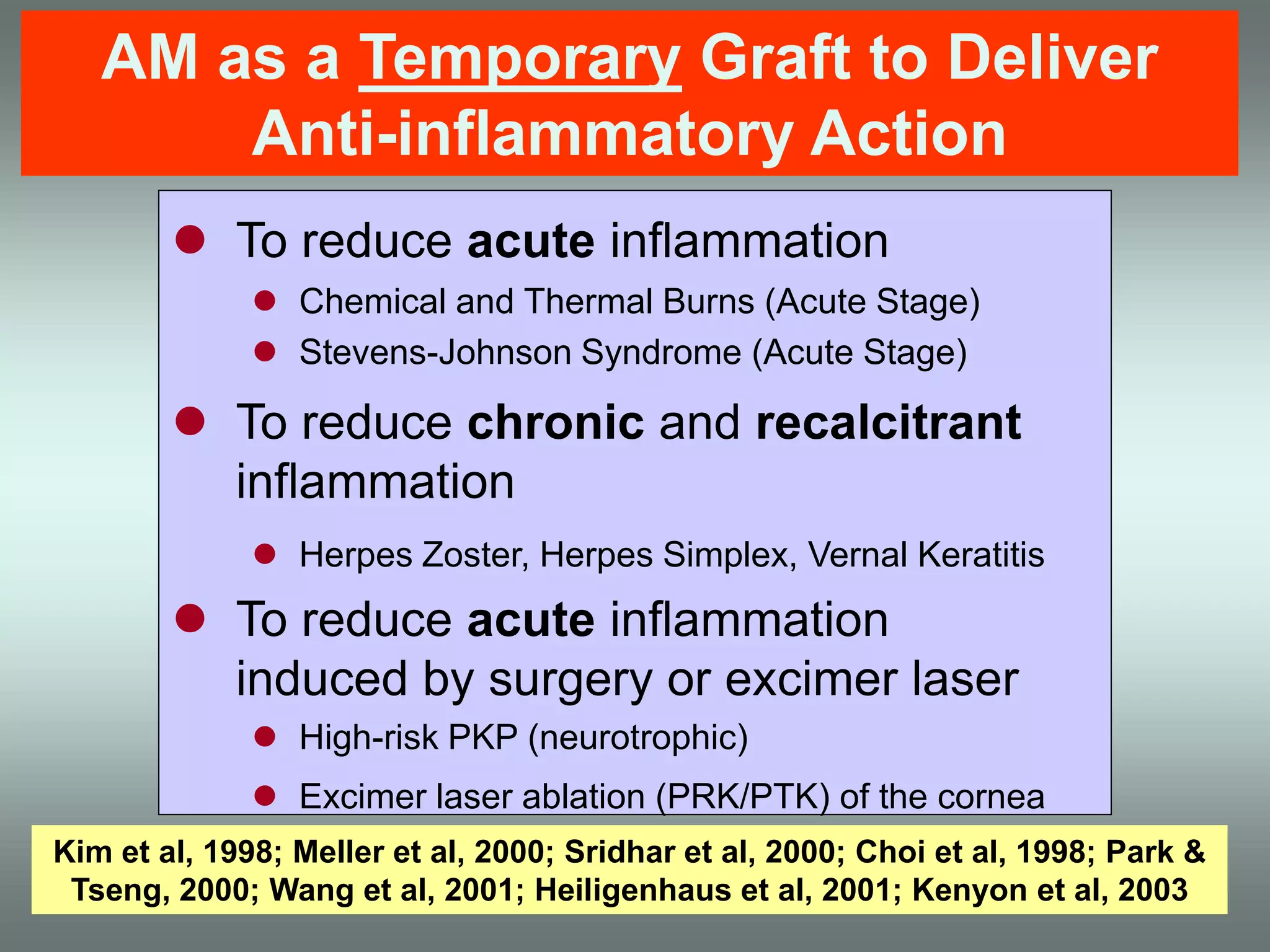  To reduce acute inflammation
 Chemical and Thermal Burns (Acute Stage)
 Stevens-Johnson Syndrome (Acute Stage)
 To reduce chronic and recalcitrant
inflammation
 Herpes Zoster, Herpes Simplex, Vernal Keratitis
 To reduce acute inflammation
induced by surgery or excimer laser
 High-risk PKP (neurotrophic)
 Excimer laser ablation (PRK/PTK) of the cornea
AM as a Temporary Graft to Deliver
Anti-inflammatory Action
Kim et al, 1998; Meller et al, 2000; Sridhar et al, 2000; Choi et al, 1998; Park &
Tseng, 2000; Wang et al, 2001; Heiligenhaus et al, 2001; Kenyon et al, 2003
 