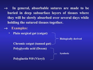 ® In general, absorbable sutures are made to be 
buried in deep subsurface layers of tissues where 
they will be slowly absorbed over several days while 
holding the sutured tissues together. 
® Examples: 
• Plain surgical gut (catgut) 
Biologically derived 
Chromic catgut (tanned gut) 
Polyglycolic acid (Dexon) 
Synthetic 
Polyglactin 910 (Vicryl) 
 