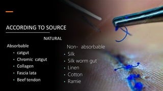 NATURAL
Absorbable
• catgut
• Chromic catgut
• Collagen
• Fascia lata
• Beef tendon
ACCORDING TO SOURCE
Non- absorbable
• Silk
• Silk worm gut
• Linen
• Cotton
• Ramie
 