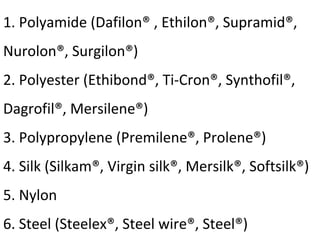 1. Polyamide (Dafilon® , Ethilon®, Supramid®,
Nurolon®, Surgilon®)
2. Polyester (Ethibond®, Ti-Cron®, Synthofil®,
Dagrofil®, Mersilene®)
3. Polypropylene (Premilene®, Prolene®)
4. Silk (Silkam®, Virgin silk®, Mersilk®, Softsilk®)
5. Nylon
6. Steel (Steelex®, Steel wire®, Steel®)
 