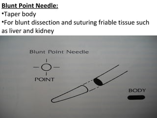 Blunt Point Needle:
•Taper body
•For blunt dissection and suturing friable tissue such
as liver and kidney
 