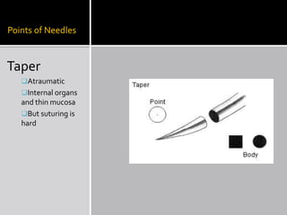 Points of Needles
Taper
Atraumatic
Internal organs
and thin mucosa
But suturing is
hard
 