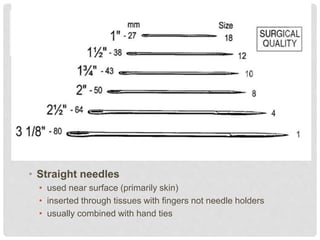 NEEDLE BODY
• Straight needles
• used near surface (primarily skin)
• inserted through tissues with fingers not needle holders
• usually combined with hand ties
 