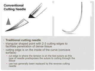 • Traditional cutting needle
• triangular shaped point with 2-3 cutting edges to
facilitate penetration of dense tissue
• cutting edge is on the inside of the curve (concave
surface)
• cut edge is where the tension is on the tied suture so this
type of needle predisposes the suture to cutting through the
tissue
• use has generally been replaced by the reverse cutting
needle
 