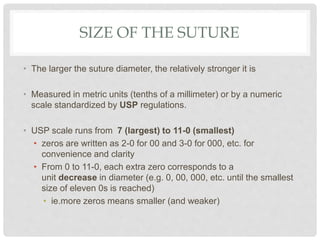 SIZE OF THE SUTURE
• The larger the suture diameter, the relatively stronger it is
• Measured in metric units (tenths of a millimeter) or by a numeric
scale standardized by USP regulations.
• USP scale runs from 7 (largest) to 11-0 (smallest)
• zeros are written as 2-0 for 00 and 3-0 for 000, etc. for
convenience and clarity
• From 0 to 11-0, each extra zero corresponds to a
unit decrease in diameter (e.g. 0, 00, 000, etc. until the smallest
size of eleven 0s is reached)
• ie.more zeros means smaller (and weaker)
 