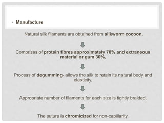 • Manufacture
Natural silk filaments are obtained from silkworm cocoon.
Comprises of protein fibres approximately 70% and extraneous
material or gum 30%.
Process of degumming- allows the silk to retain its natural body and
elasticity.
Appropriate number of filaments for each size is tightly braided.
The suture is chromicized for non-capillarity.
 