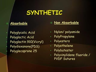 SYNTHETIC
 Absorbable
 Polyglycolic Acid
 Polyglactic Acid
 Polyglactin 910(Vicryl)
 Polydioxanone(PDS)
 Polyglecaprone 25
 Non Absorbable
 Nylon/ polyamide
 PolyPropylene
 Polyesters
 Polyethelene
 Polybutester
 Polyvinylidene fluoride /
PVDF Sutures
 