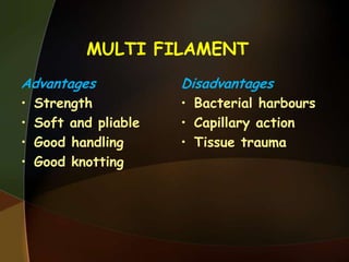 MULTI FILAMENT
Advantages
• Strength
• Soft and pliable
• Good handling
• Good knotting
Disadvantages
• Bacterial harbours
• Capillary action
• Tissue trauma
 