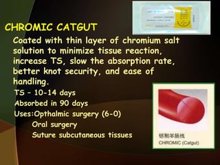 CHROMIC CATGUT
Coated with thin layer of chromium salt
solution to minimize tissue reaction,
increase TS, slow the absorption rate,
better knot security, and ease of
handling.
TS – 10-14 days
Absorbed in 90 days
Uses:Opthalmic surgery (6-0)
Oral surgery
Suture subcutaneous tissues
 