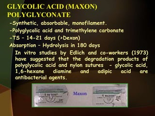 GLYCOLIC ACID (MAXON)
POLYGLYCONATE
-Synthetic, absorbable, monofilament.
-Polyglycolic acid and trimethylene carbonate
-TS – 14-21 days (>Dexon)
Absorption – Hydrolysis in 180 days
In vitro studies by Edlich and co-workers (1973)
have suggested that the degradation products of
polyglycolic acid and nylon sutures - glycolic acid,
1,6-hexane diamine and adipic acid are
antibacterial agents.
 