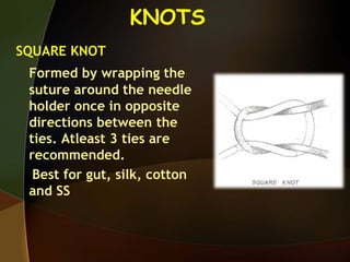 KNOTS
SQUARE KNOT
Formed by wrapping the
suture around the needle
holder once in opposite
directions between the
ties. Atleast 3 ties are
recommended.
Best for gut, silk, cotton
and SS
 