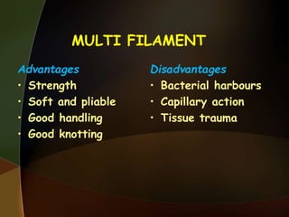 MULTI FILAMENT
Advantages
• Strength
• Soft and pliable
• Good handling
• Good knotting
Disadvantages
• Bacterial harbours
• Capillary action
• Tissue trauma
 
