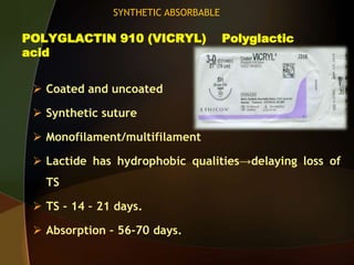 POLYGLACTIN 910 (VICRYL) Polyglactic
acid
 Coated and uncoated
 Synthetic suture
 Monofilament/multifilament
 Lactide has hydrophobic qualities→delaying loss of
TS
 TS - 14 – 21 days.
 Absorption – 56-70 days.
SYNTHETIC ABSORBABLE
 