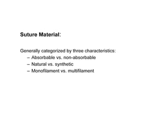 Suture Material:
Generally categorized by three characteristics:
– Absorbable vs. non-absorbable
– Natural vs. synthetic
– Monofilament vs. multifilament
 