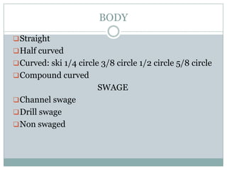 BODY
 Straight
 Half curved
 Curved: ski 1/4 circle 3/8 circle 1/2 circle 5/8 circle

 Compound curved

SWAGE
 Channel swage

 Drill swage
 Non swaged

 
