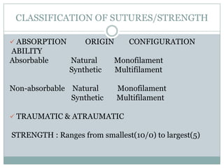 CLASSIFICATION OF SUTURES/STRENGTH
 ABSORPTION

ABILITY
Absorbable

ORIGIN

Natural
Synthetic

Non-absorbable Natural
Synthetic

CONFIGURATION

Monofilament
Multifilament
Monofilament
Multifilament

 TRAUMATIC & ATRAUMATIC

STRENGTH : Ranges from smallest(10/0) to largest(5)

 