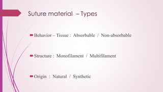 Suture material – Types
Behavior – Tissue : Absorbable / Non-absorbable
Structure : Monofilament / Multifilament
Origin : Natural / Synthetic
 