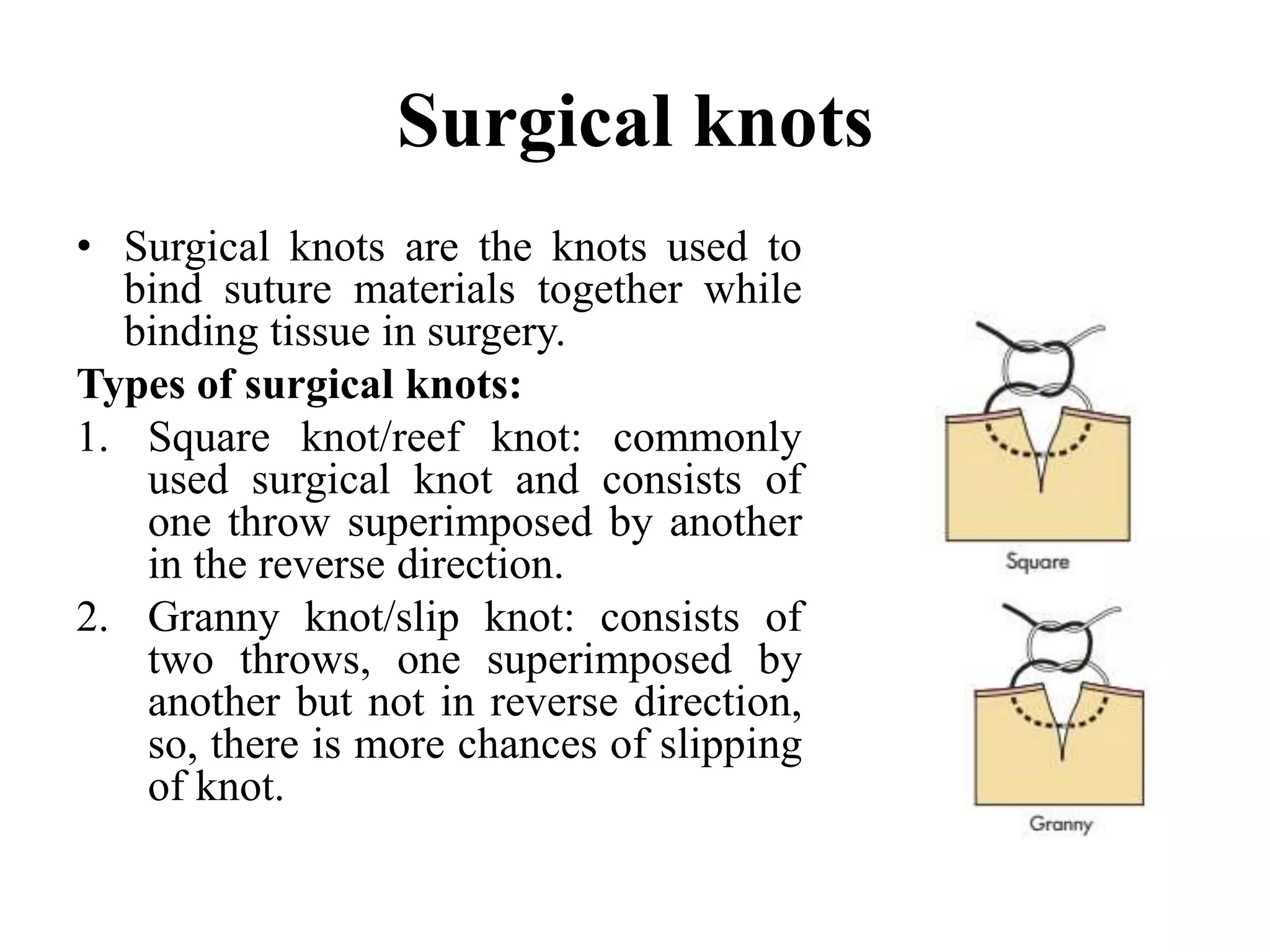 Surgical knots
• Surgical knots are the knots used to
bind suture materials together while
binding tissue in surgery.
Types of surgical knots:
1. Square knot/reef knot: commonly
used surgical knot and consists of
one throw superimposed by another
in the reverse direction.
2. Granny knot/slip knot: consists of
two throws, one superimposed by
another but not in reverse direction,
so, there is more chances of slipping
of knot.
 