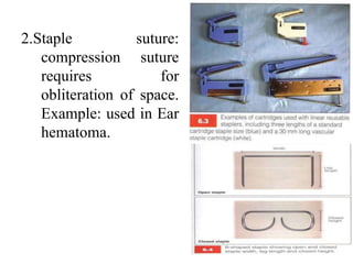 2.Staple suture:
compression suture
requires for
obliteration of space.
Example: used in Ear
hematoma.
 