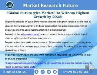 Market Research Future
+1 (339) 368 6938 (US) +44 208 133 9349 (UK)
“Global Suture wire Market” to Witness Highest
Growth by 2022:
To provide detailed analysis of the market structure along with forecast for the next 10
years of the various segments and sub-segments of the global suture wire market
To provide insights about factors affecting the market growth
To analyze the suture wire market based on various factors- price analysis, supply
chain analysis, porters five force analyses etc.
To provide historical and forecast revenue of the market segments and sub-segments
with respect to four main geographies and their countries- Americas, Europe, Asia, and
Middle East & Africa.
To provide country level analysis of the market with respect to the current market size
and future prospective
https://www.marketresearchfuture.com/reports/analytics-as-a-service-market-research-
report-global-forecast-to-2022
 