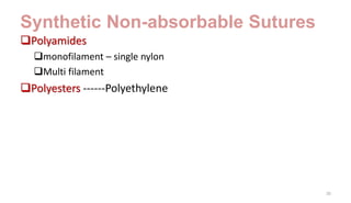 Synthetic Non-absorbable Sutures
Polyamides
monofilament – single nylon
Multi filament
Polyesters ------Polyethylene
20
 