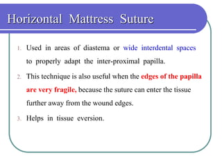 Horizontal Mattress Suture
1. Used in areas of diastema or wide interdental spaces
to properly adapt the inter-proximal papilla.
2. This technique is also useful when the edges of the papilla
are very fragile, because the suture can enter the tissue
further away from the wound edges.
3. Helps in tissue eversion.
 