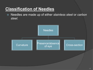 Classification of Needles
 Needles are made up of either stainless steel or carbon
steel.
39
Needles
Curvature
Presence/absence
of eye Cross-section
 