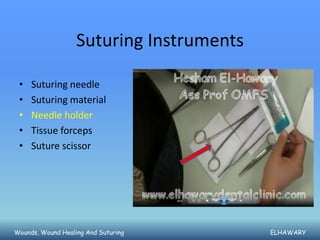 Suturing Instruments

 •   Suturing needle
 •   Suturing material
 •   Needle holder
 •   Tissue forceps
 •   Suture scissor




Wounds, Wound Healing And Suturing        ELHAWARY
 