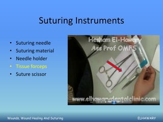Suturing Instruments

 •   Suturing needle
 •   Suturing material
 •   Needle holder
 •   Tissue forceps
 •   Suture scissor




Wounds, Wound Healing And Suturing        ELHAWARY
 