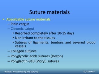 Suture materials
• Absorbable suture materials
   – Plain catgut
   – Chromic catgut
      • Resorbed completely after 10-15 days
      • Non irritant to the tissues
      • Sutures of ligaments, tendons and severed blood
        vessels
   – Collagen sutures
   – Polyglycolic acids sutures (Dexon)
   – Polyglactin-910 (Vicryl) sutures

 Wounds, Wound Healing And Suturing            ELHAWARY
 