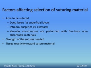 Factors affecting selection of suturing material
• Area to be sutured
   – Deep layers Vs superficial layers
   – Intraoral surgeries Vs extraoral
   – Vascular anastomoses are performed with fine-bore non-
      absorbable materials
• Strength of the sutures needed
• Tissue reactivity toward suture material




 Wounds, Wound Healing And Suturing                ELHAWARY
 