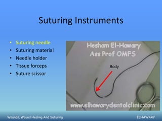 Suturing Instruments

 •   Suturing needle
 •   Suturing material
 •   Needle holder
 •   Tissue forceps                  Body
 •   Suture scissor




Wounds, Wound Healing And Suturing          ELHAWARY
 