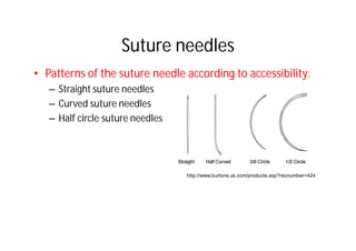 Suture needles
• Patterns of the suture needle according to accessibility:
    – Straight suture needles
    – Curved sutu...