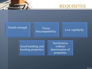 REQUISITES
Tensile strength Tissue
biocompatibility
Low capillarity
Good handling and
knotting properties
Sterilization
without
deterioration of
properties
 