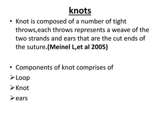 knots
• Knot is composed of a number of tight
throws,each throws represents a weave of the
two strands and ears that are the cut ends of
the suture.(Meinel L,et al 2005)
• Components of knot comprises of
Loop
Knot
ears
 