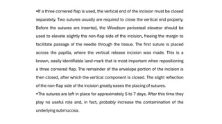 •If a three cornered flap is used, the vertical end of the incision must be closed
separately. Two sutures usually are required to close the vertical end properly.
Before the sutures are inserted, the Woodson periosteal elevator should be
used to elevate slightly the non-flap side of the incision, freeing the margin to
facilitate passage of the needle through the tissue. The first suture is placed
across the papilla, where the vertical release incision was made. This is a
known, easily identifiable land-mark that is most important when repositioning
a three cornered flap. The remainder of the envelope portion of the incision is
then closed, after which the vertical component is closed. The slight reflection
of the non-flap side of the incision greatly eases the placing of sutures.
•The sutures are left in place for approximately 5 to 7 days. After this time they
play no useful role and, in fact, probably increase the contamination of the
underlying submucosa.
 
